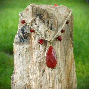 Red Tear Drop Faceted Agate with Red Accent Hearts on a Handmade Brown Hemp 15"